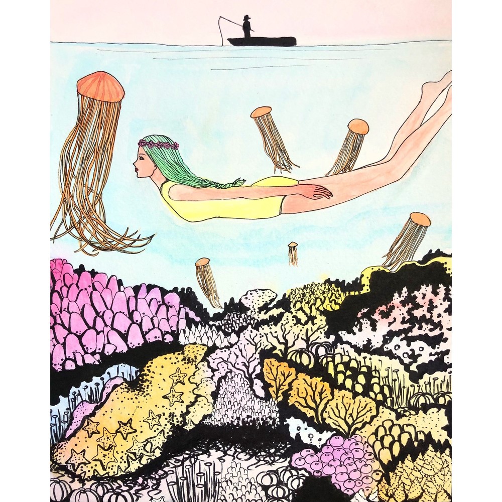 Diver Underwater Seascape 11”x14”Watercolor Print